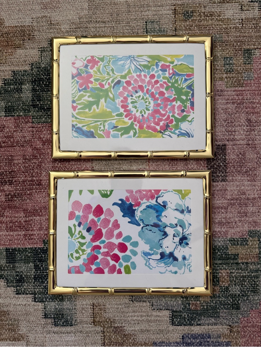 Set of 2 Lilly Pulitzer prints in gold bamboo frames